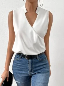 SHEIN Essnce Solid Notched Neck Sleeveless Blouse - White - View 3