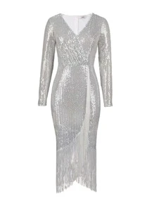 Fringe Trim Wrap Sequin Dress - Silver - View 1