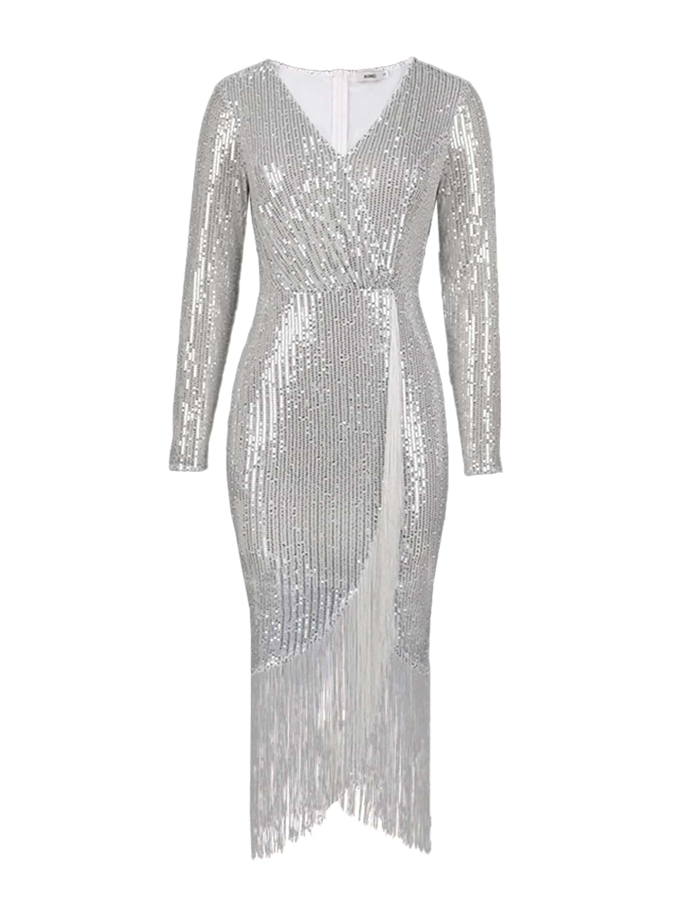 Fringe Trim Wrap Sequin Dress - Silver - View 1