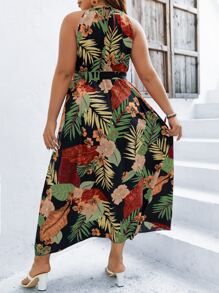 SHEIN Holidaya Plus Tropical Print Belted Halter Dress - Black - View 2