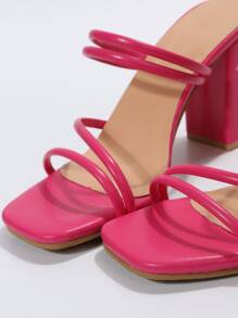 女性熱粉色極簡粗跟穆勒鞋，時尚夏季粗跟涼鞋 - 玫紅色 - 查看 3