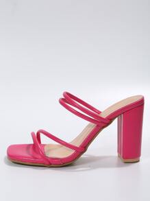 女性熱粉色極簡粗跟穆勒鞋，時尚夏季粗跟涼鞋 - 玫紅色 - 查看 4