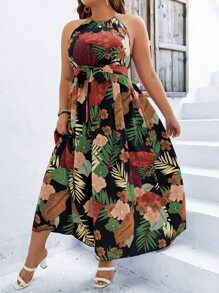 SHEIN Holidaya Plus Tropical Print Belted Halter Dress - Black - View 4