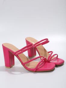 女性熱粉色極簡粗跟穆勒鞋，時尚夏季粗跟涼鞋 - 玫紅色 - 查看 7