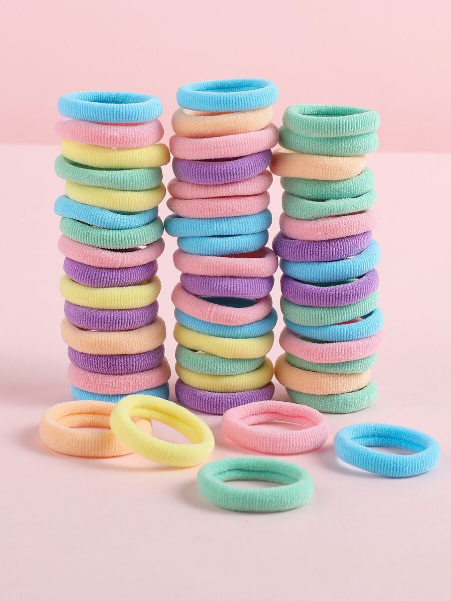 50pcs Girls' Random Color Elastic Hair Ties, Suitable For Everyday Use - Multicolor - View 1