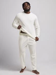 SHEIN Extended Sizes Men Patched Detail Tee & Trousers PJ Set - Beige - View 1