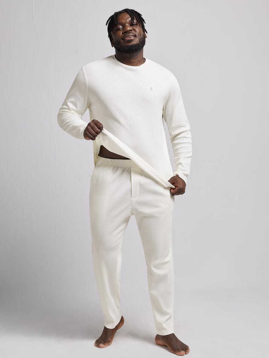 SHEIN Extended Sizes Men Patched Detail Tee & Trousers PJ Set - Beige - View 1