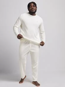 SHEIN Extended Sizes Men Patched Detail Tee & Trousers PJ Set - Beige - View 6