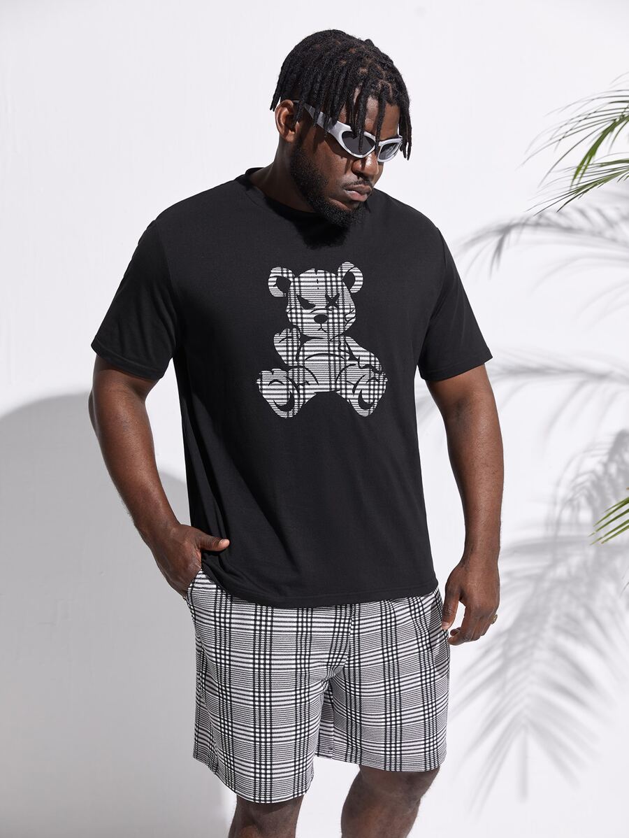 Manfinity VCAY Men Plus Bear Print Tee & Plaid Shorts - Multicolor - View 1