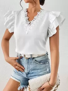 SHEIN Privé Guipure Lace Panel Butterfly Sleeve Blouse - White - View 1