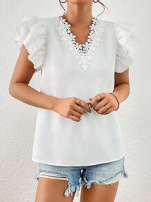 SHEIN Privé Guipure Lace Panel Butterfly Sleeve Blouse - White - View 3