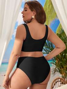 Swim Lushoire Conjunto de bikini texturizado de talla grande Sujetador sin aros con aros en V y bottom de bikini de cintura alta Traje de baño de 2 piezas - Negro - Ver 2