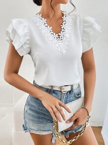 SHEIN Privé Guipure Lace Panel Butterfly Sleeve Blouse - White - View 2