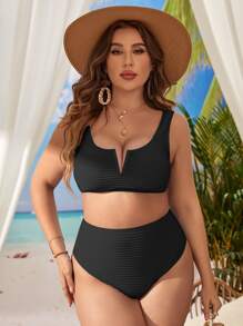 Swim Lushoire Conjunto de bikini texturizado de talla grande Sujetador sin aros con aros en V y bottom de bikini de cintura alta Traje de baño de 2 piezas - Negro - Ver 4