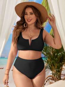 Swim Lushoire Conjunto de bikini texturizado de talla grande Sujetador sin aros con aros en V y bottom de bikini de cintura alta Traje de baño de 2 piezas - Negro - Ver 5