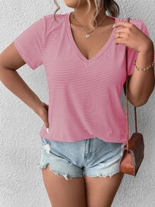 SHEIN LUNE Plus Striped V Neck Tee - Red and White - View 1