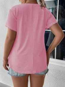 SHEIN LUNE Plus Striped V Neck Tee - Red and White - View 2