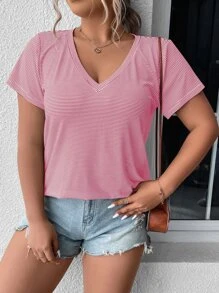 SHEIN LUNE Plus Striped V Neck Tee - Red and White - View 5