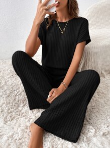 SHEIN Essnce Solid Ribbed Knit Wide Leg Jumpsuit