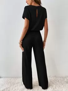 SHEIN Essnce Solid Ribbed Knit Wide Leg Jumpsuit