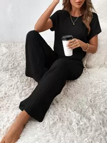 SHEIN Essnce Solid Ribbed Knit Wide Leg Jumpsuit