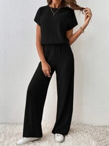 SHEIN Essnce Solid Ribbed Knit Wide Leg Jumpsuit