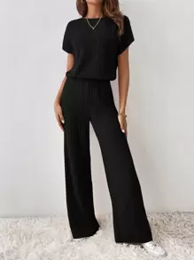 SHEIN Essnce Solid Ribbed Knit Wide Leg Jumpsuit