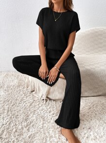 SHEIN Essnce Solid Ribbed Knit Wide Leg Jumpsuit