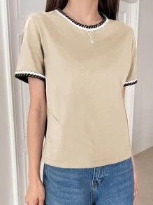 DAZY Contrast Binding Round Neck Tee - Khaki - View 4