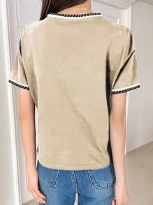 DAZY Contrast Binding Round Neck Tee - Khaki - View 5