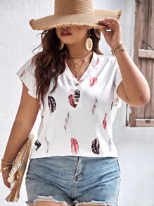 SHEIN LUNE Plus Feather Print Butterfly Sleeve Button Detail Tee - White - View 2