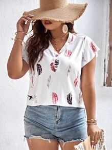 SHEIN LUNE Plus Feather Print Butterfly Sleeve Button Detail Tee - White - View 1