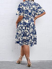 SHEIN LUNE Plus Floral Print Tie Neck Puff Sleeve Dress - Multicolor - View 2