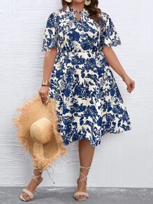 SHEIN LUNE Plus Floral Print Tie Neck Puff Sleeve Dress - Multicolor - View 1