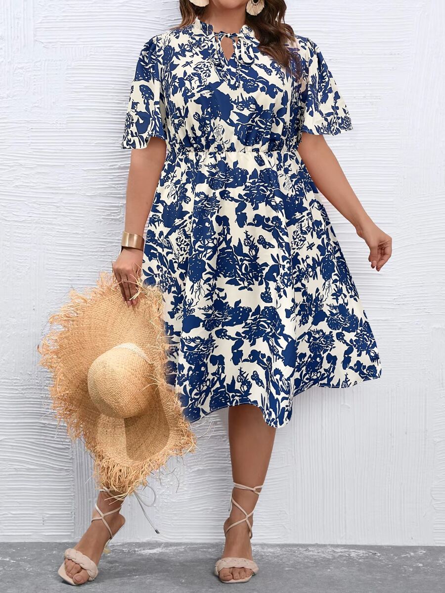 SHEIN LUNE Plus Floral Print Tie Neck Puff Sleeve Dress - Multicolor - View 1