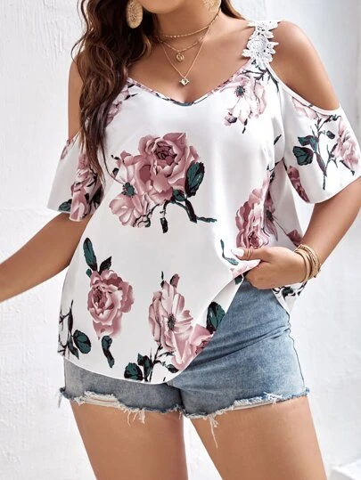SHEIN 加大花朵印花露肩上衣，夏季