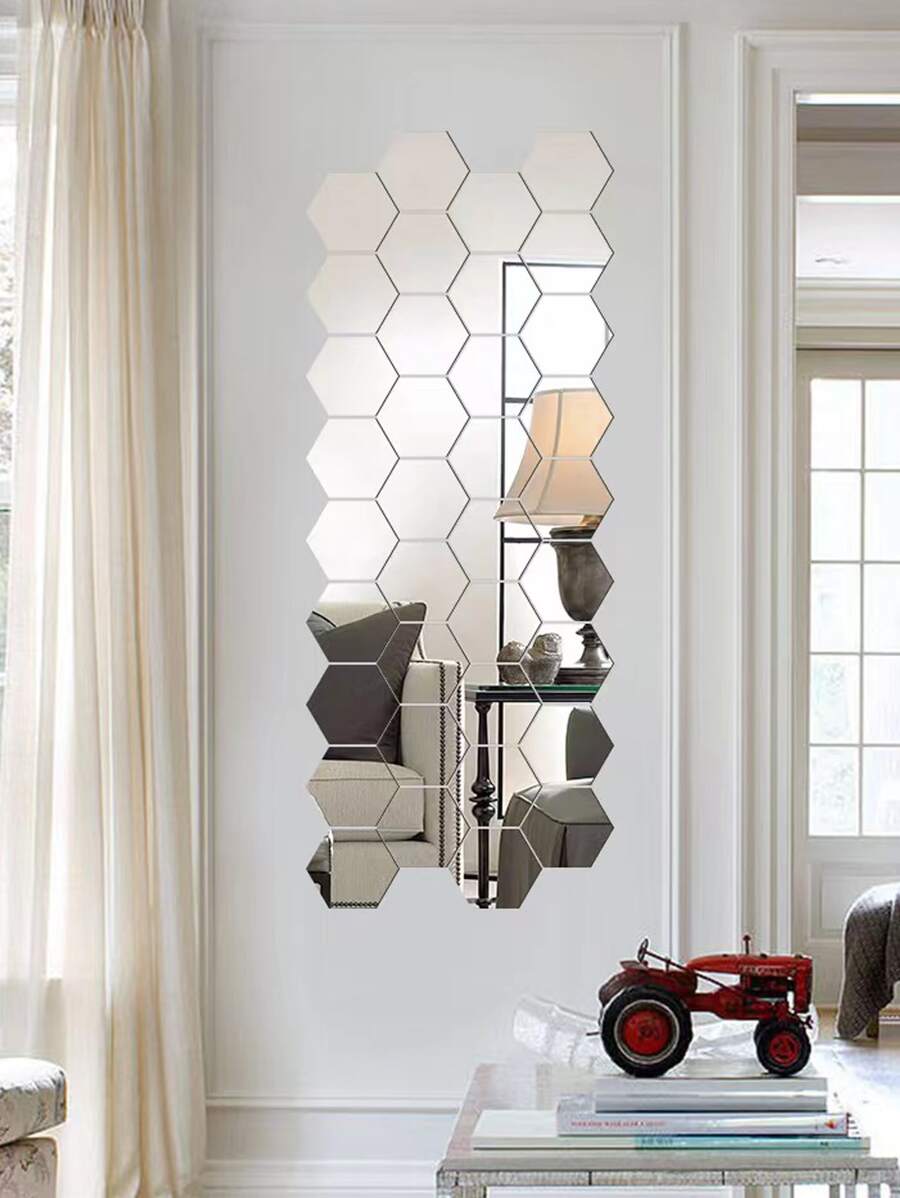 12pcs/set PMMA Decorative Mirror, Modern Geometric Shaped Mirror Wall Sticker For Home - Silver - View 1
