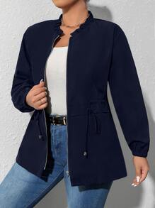 SHEIN Clasi Plus Drawstring Waist Zip Up Jacket - Navy Blue - View 1