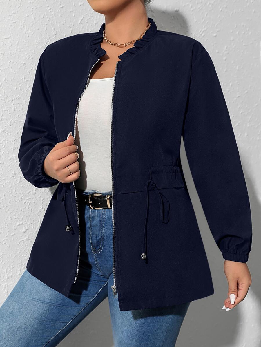 SHEIN Clasi Plus Drawstring Waist Zip Up Jacket - Navy Blue - View 1