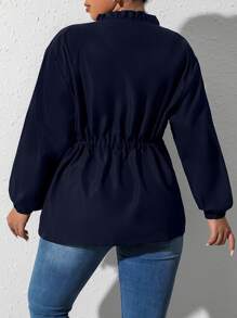 SHEIN Clasi Plus Drawstring Waist Zip Up Jacket - Navy Blue - View 2