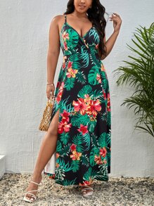 SHEIN VCAY Plus Tropical Print Split Thigh Cami Dress - Multicolor - View 1