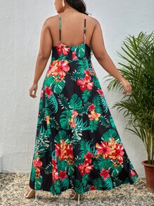 SHEIN VCAY Plus Tropical Print Split Thigh Cami Dress - Multicolor - View 2