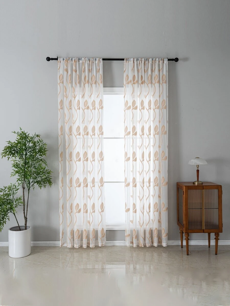 1pc Leaf Embroidered Sheer Curtain, Modern Fabric Single Panel Sheer Curtain For Home - Multicolor - View 1