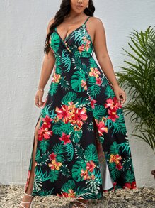 SHEIN VCAY Plus Tropical Print Split Thigh Cami Dress - Multicolor - View 5