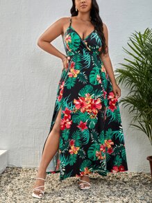 SHEIN VCAY Plus Tropical Print Split Thigh Cami Dress - Multicolor - View 6