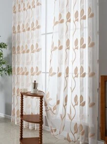 1pc Leaf Embroidered Sheer Curtain, Modern Fabric Single Panel Sheer Curtain For Home - Multicolor - View 2