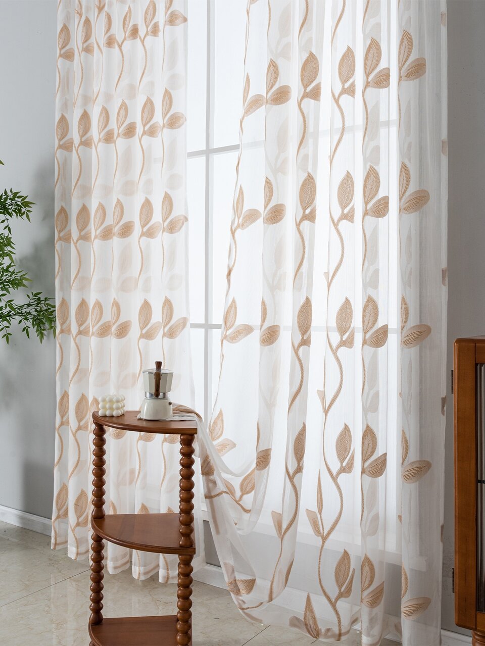 1pc Leaf Embroidered Sheer Curtain, Modern Fabric Single Panel Sheer Curtain For Home