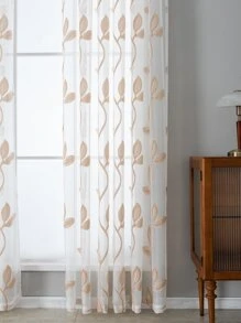 1pc Leaf Embroidered Sheer Curtain, Modern Fabric Single Panel Sheer Curtain For Home - Multicolor - View 3