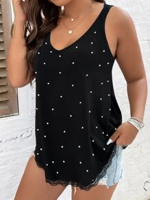 SHEIN LUNE Plus Pearls Beaded Lace Trim Tank Top - Black - View 3