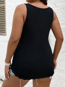 SHEIN LUNE Plus Pearls Beaded Lace Trim Tank Top - Black - View 2